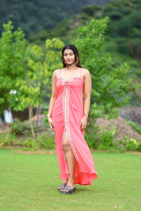 Coral Pink Sleeveless Long Crepe Maxi Dress with Front Tie Detailing