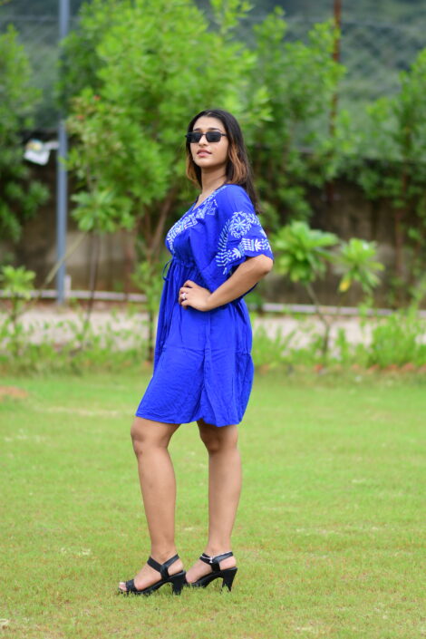 Bohemian Blue Mini Dress with Embroidered Details & Kimono Sleeves