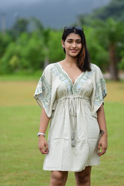 Ivory Green Embroidered Kaftan Dress with Tassel Detailing