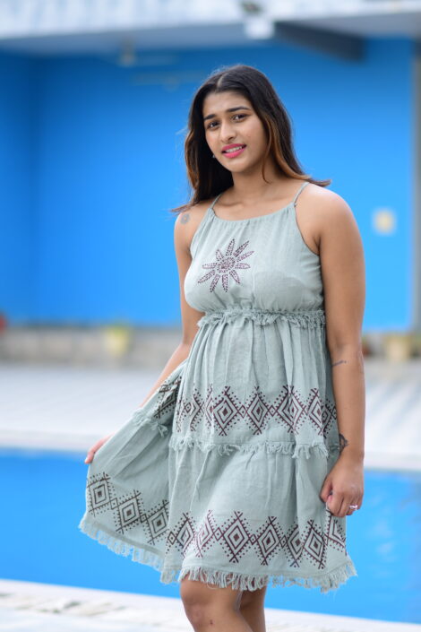 Cotton Hemp Block Print Short Dress with Frill Detailing