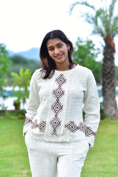 Women’s Hemp Cotton Cord Set – Long Sleeve Top & Two-Pocket Pajama with Block Print