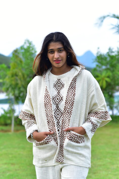 Women’s Hemp Cotton Block Print Cord Set – Top, Pajama & Hooded Kimono (3-Piece)