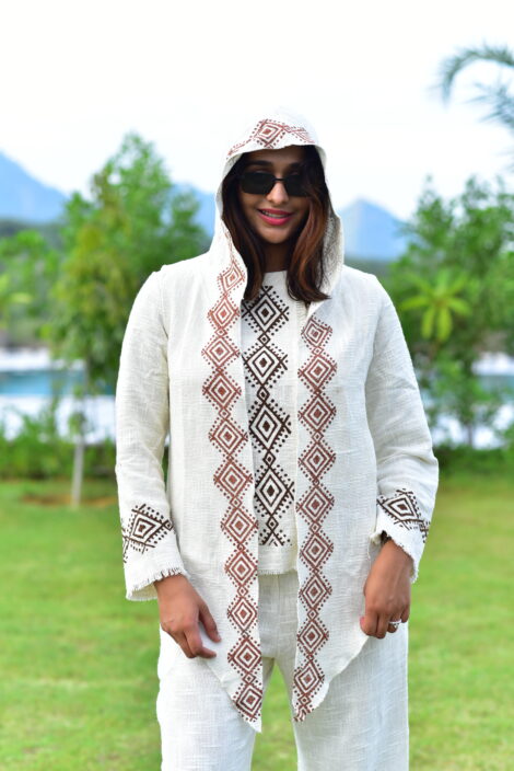 Women’s Hemp Cotton Block Print Cord Set – Hooded Long Sleeve Top & Two-Pocket Pajama