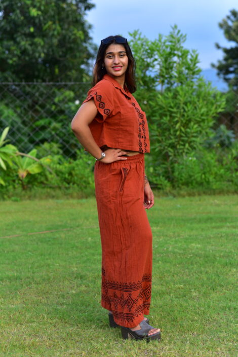 Women’s Cotton Hemp Cord Set – Collar Crop Top & Plazo Pajama with Block Print