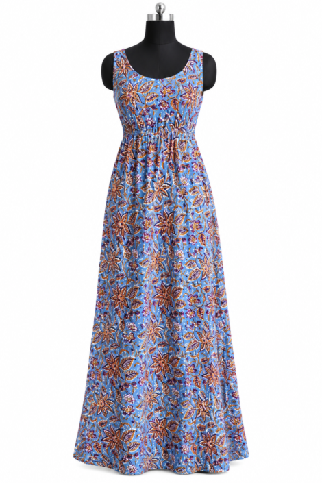 Women's blue floral print cotton long dress on mannequin, front view, Style S 610 by Omnesha Collection.