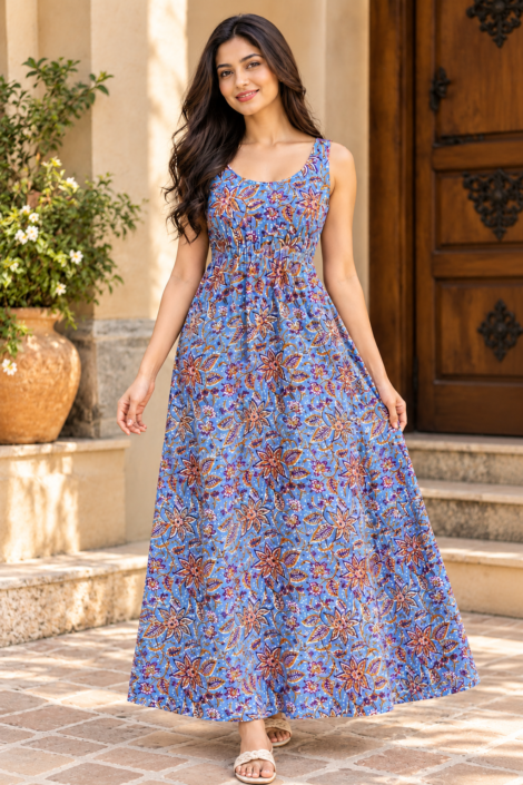 Women's blue floral print cotton maxi dress on female model, front view, Style S 610 by Omnesha Collection.