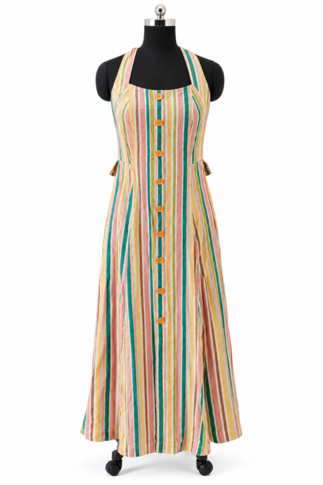 Front view of multicolor striped cotton long dress Style 318 on dummy