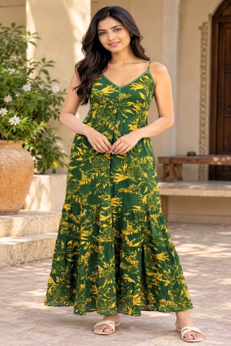 s-529-green-floral-cotton-long-dress-model-front