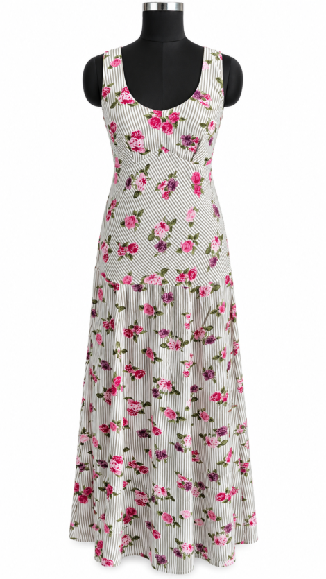 Omnesha Style 112 floral print cotton long dress dummy front view